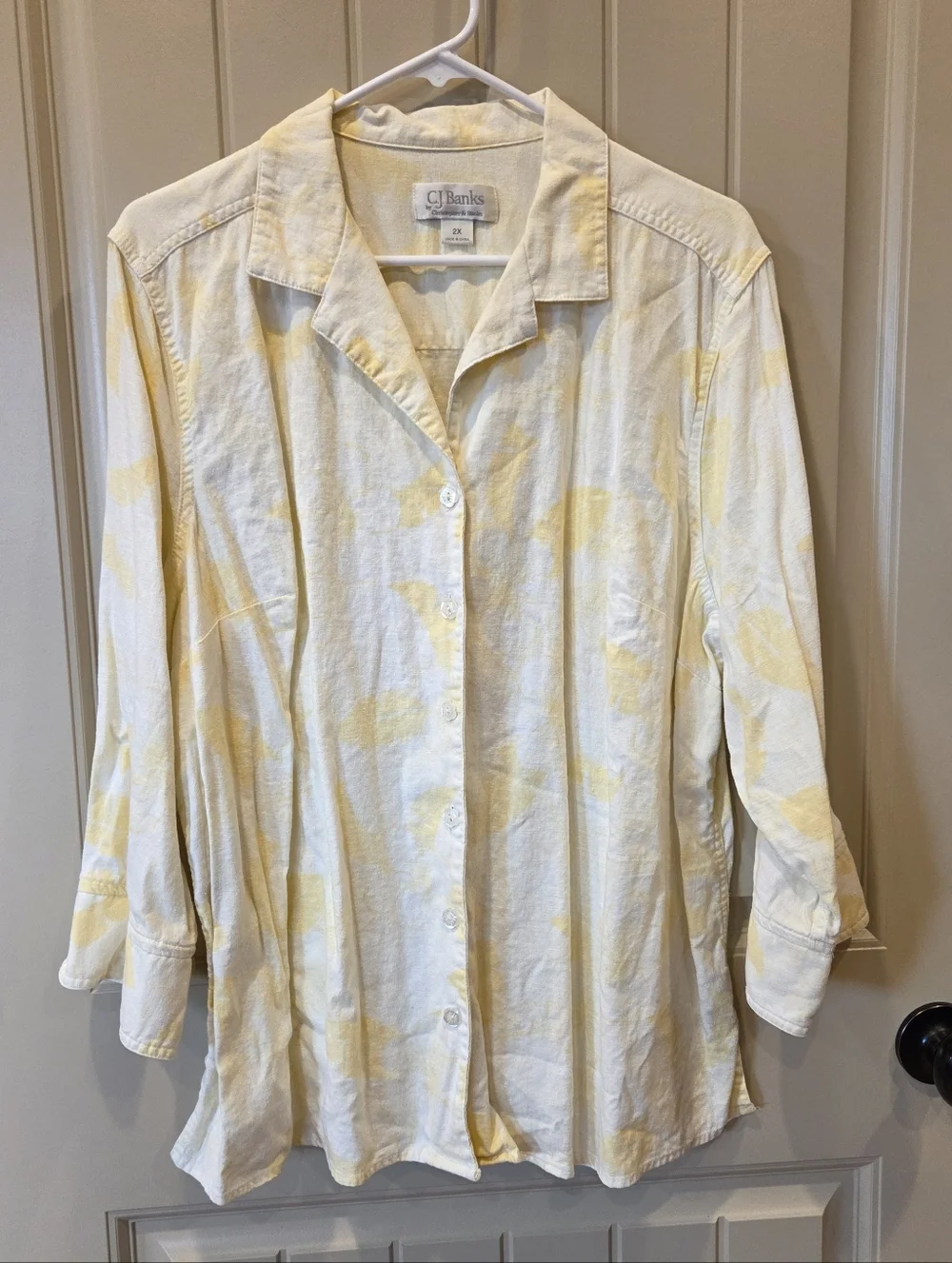 CJ Banks Plus Size 2X Yellow White Tropical Floral Linen Rayon Shirt Cottagecore